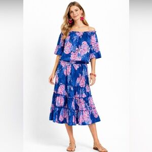 Lilly Pulitzer, 2 Piece Set Croix Top & Deavan Midi Skirt Blue Pink, Size L